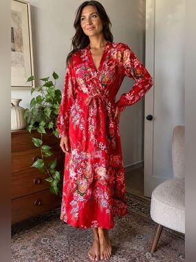 Silk? Floral Wrap Dress / Housecoat – Japanese Garden Print, Belted